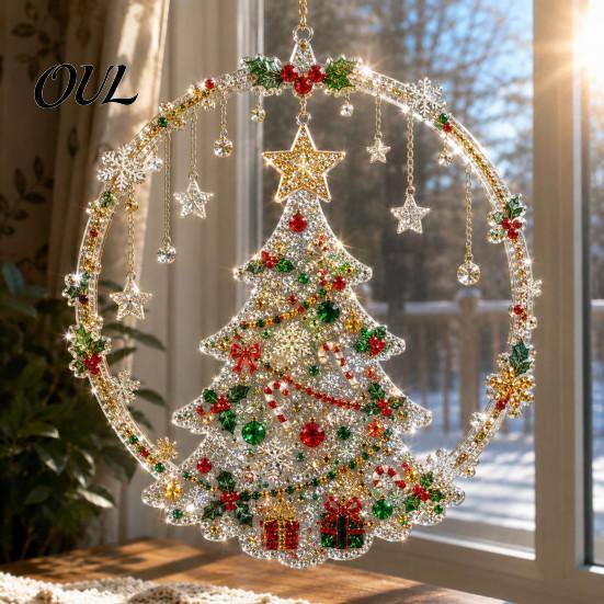 Acrylic Hanging Gift Christmas Faux Diamond Art Suncatcher, 2D Flat Window Ornament, Festive Pendant Beaded Pattern Holiday Decoration for Home, Tree