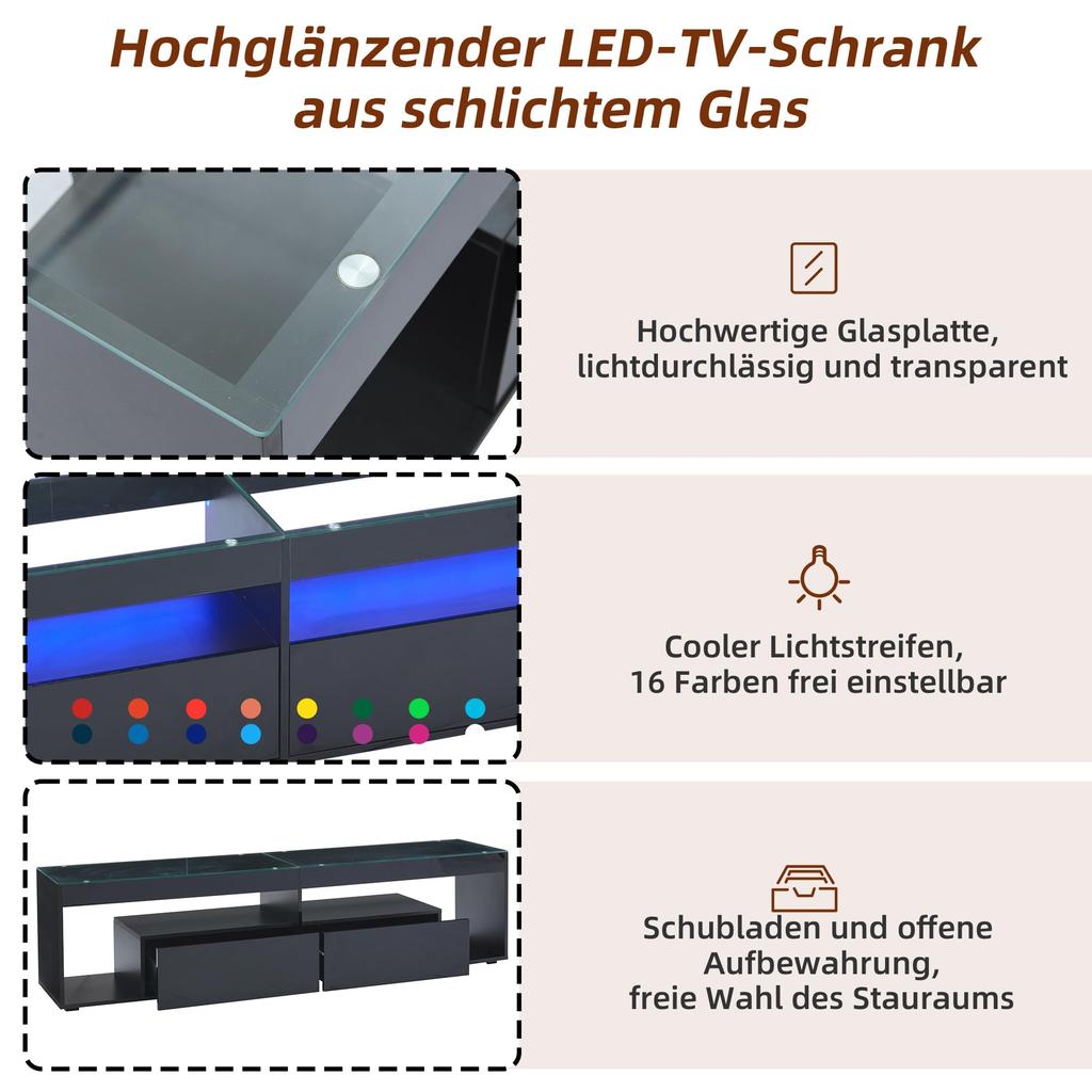 ТВ Шкаф Стильный Тумба под телевизор ТВ Тумба Глянцевый Черный 70 дюймов Телевизор, ТВ Подставка 2 Ящика, ТВ Мебель Гостиная Спальня