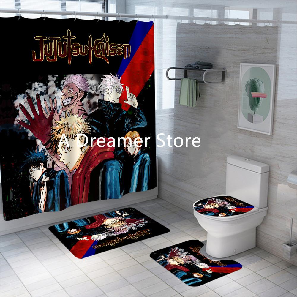 New Anime Jujutsu Kaisen Shower Curtain Set 4Piece Waterproof Polyester Bathroom Curtains For Adults Boys Decor Bath Mats Rugs