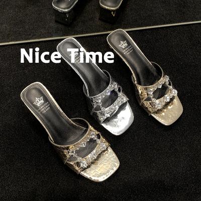 Модные женские новые летние туфли-шлепанцы с квадратным носком, из коровьей кожи с тиснением «взрыв», на среднем каблуке, инкрустированном бриллиантами, и с большим открытым носком