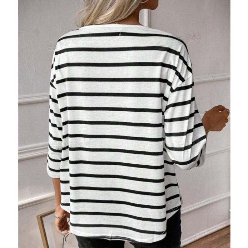 Women's Medium Sleeve Crew Neck Striped T-Shirt Loose Top