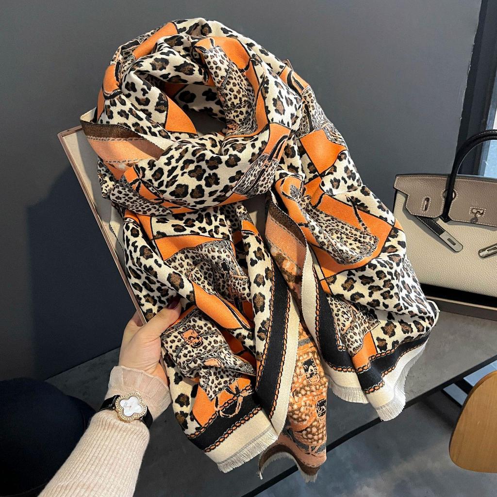 Korean Style Versatile Thickened Imitation Cashmere Leopard Print Bag Scarf Autumn and Winter Long Warm Travel Outer Shawl and Scarf