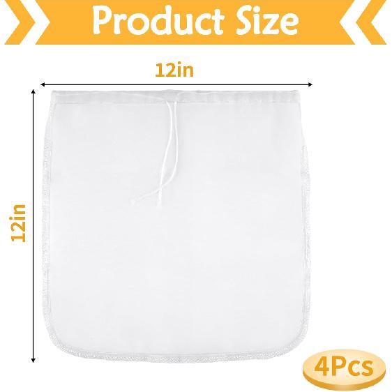 4 Pcs 12"x12" Nut Milk Bag, Fine Mesh Nylon Cheese Cloth Bag for Straining, Reble Strainer Bags for Almond Milk, Yogurt, Juice, Cheese Making, Cold