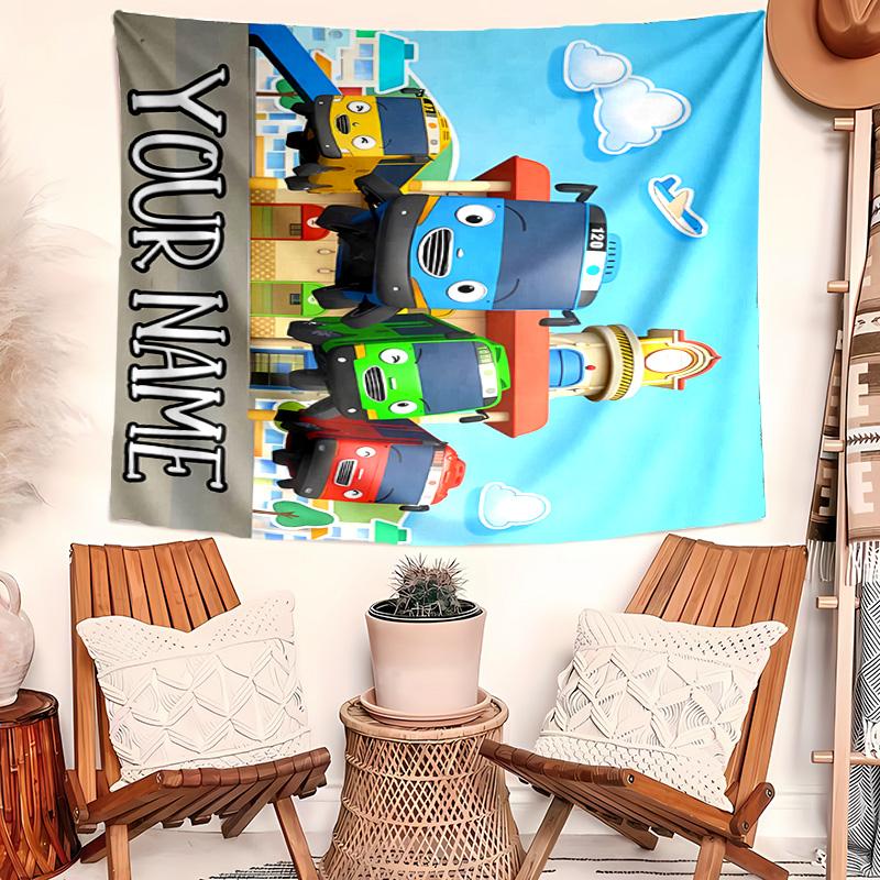 Personalized Tayo the Little Bus Background Tapestry,Custom Name Birthday Party,Multifunctional Wall Decoration for Home Decor,Various Occasions