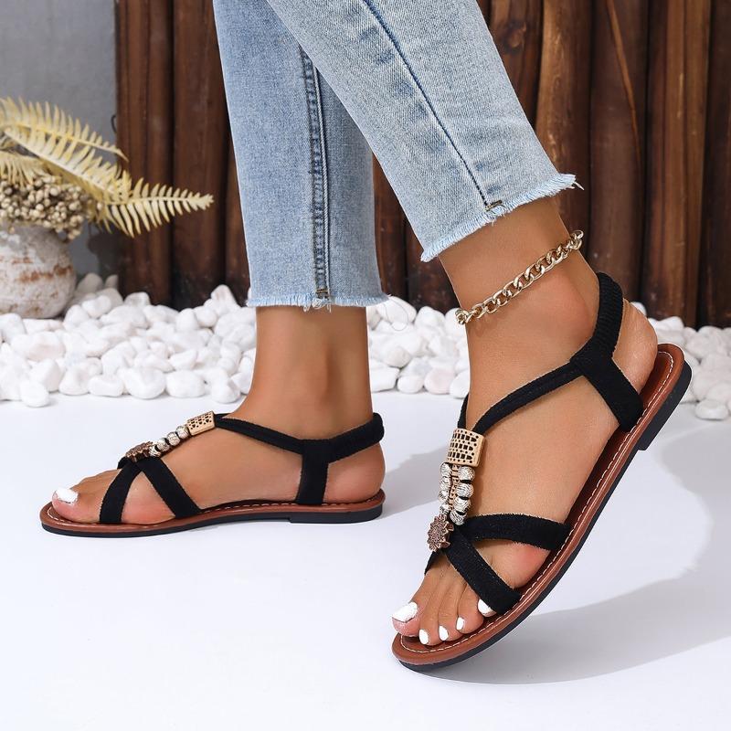 Shoes for Women  Hot Sale Elastic Band Women's Sandals Solid Denim Metal Decoration Beads Open Toe Low-heeled Casual Sandals