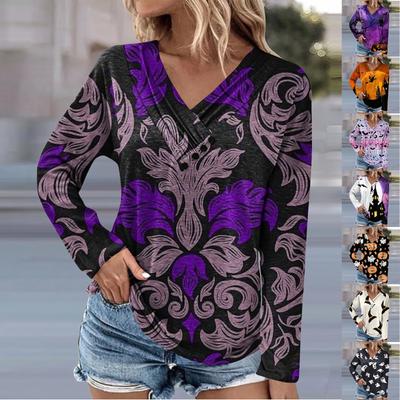 Женская туника с длинным рукавом, свободные топы, повседневные топы оверсайз, плиссированная туника на пуговицах, повседневные осенние женские топы с принтом на Хэллоуин