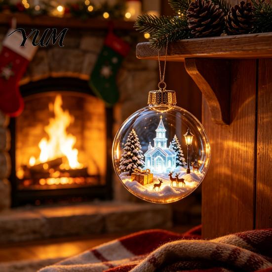 Transparent Christmas Tree Decor 3D Acrylic Faux Crystal Ball Ornament, Lighted Reindeer Sleigh Luminous Ornaments Snow Scene Hanging for Tree,