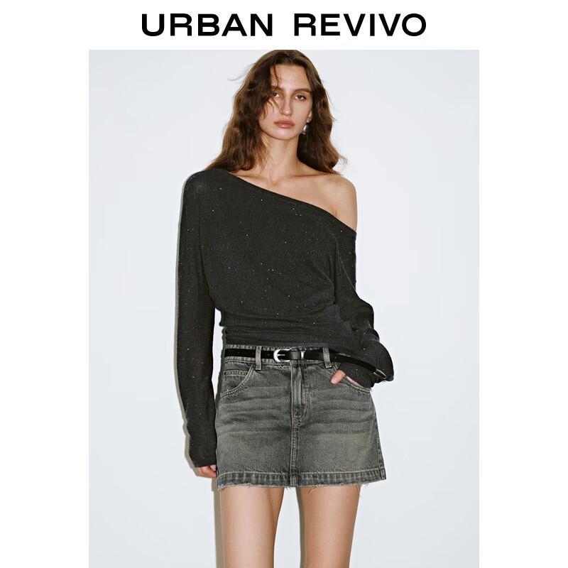UR 2025 Осень Женский Модный Короткий Трикотажный Топ с Пайетками и Открытыми Плечами