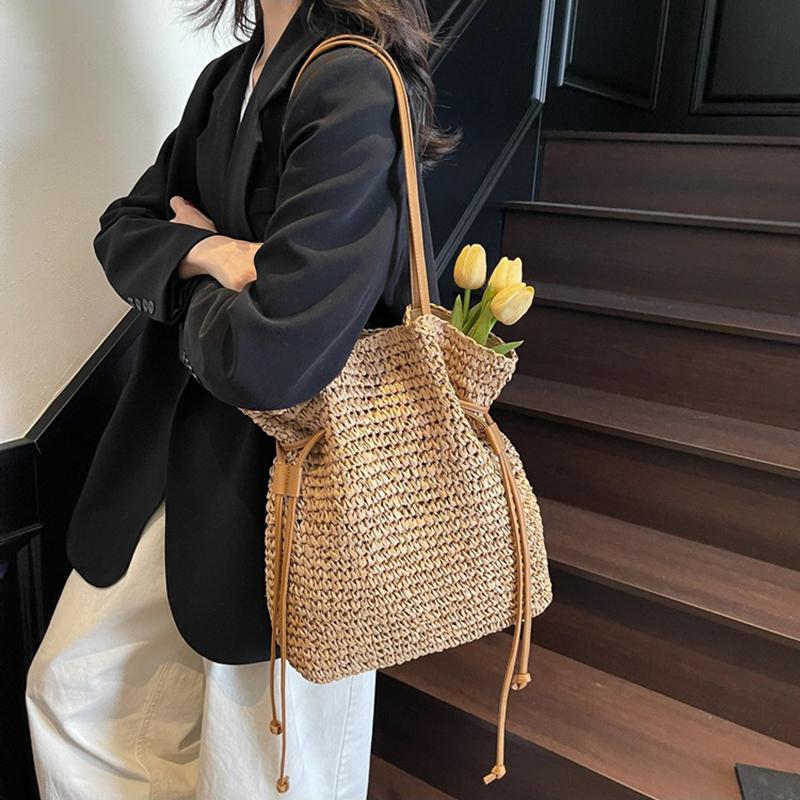 Yogodlns Женская соломенная сумка подмышкой, однотонная плиссированная сумка, большая вместимость, модная сумка на плечо, дорожная сумка для покупок, пляжная сумка
