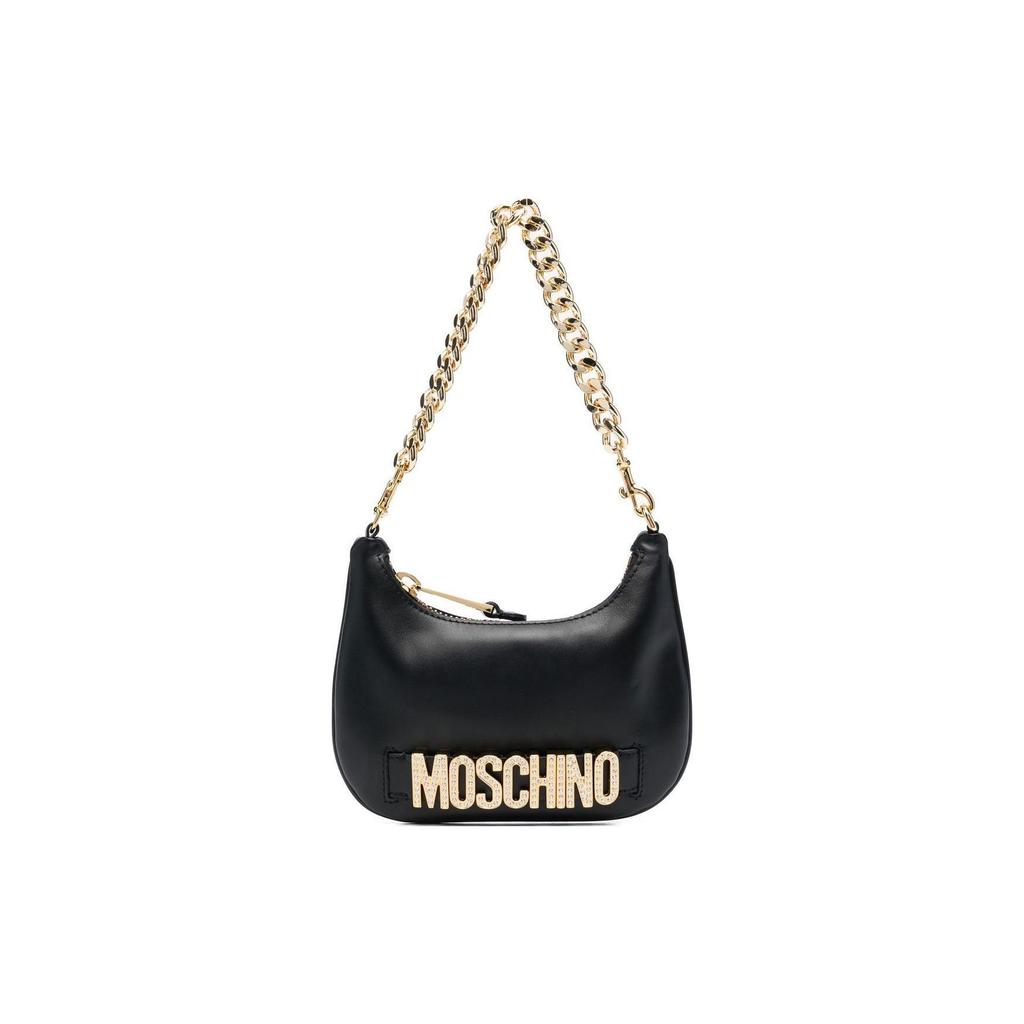 Moschino С логотипом Съемная цепочка-ручка Застежка-молния Сумка-тоут из телячьей кожи Наплечная сумка Женские сумки Черный A757980243555