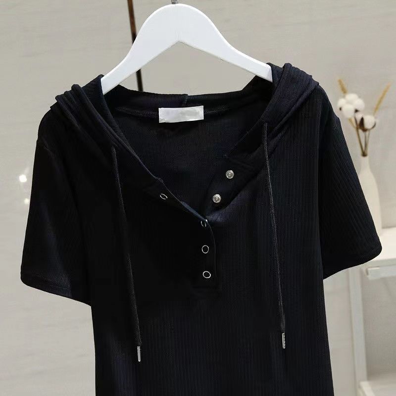 Женские футболки с капюшоном и коротким рукавом Streetwear Летние Колледж Женская Мода Корейское Поступление Универсальные На шнурке