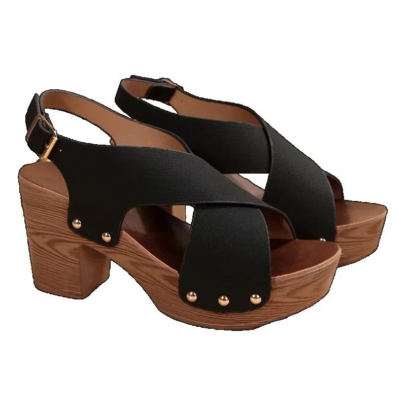 Модная женская обувь 2024 года, высококачественные женские босоножки с открытым носком, летние римские пряжки, однотонные босоножки на платформе и толстом каблуке большого размера