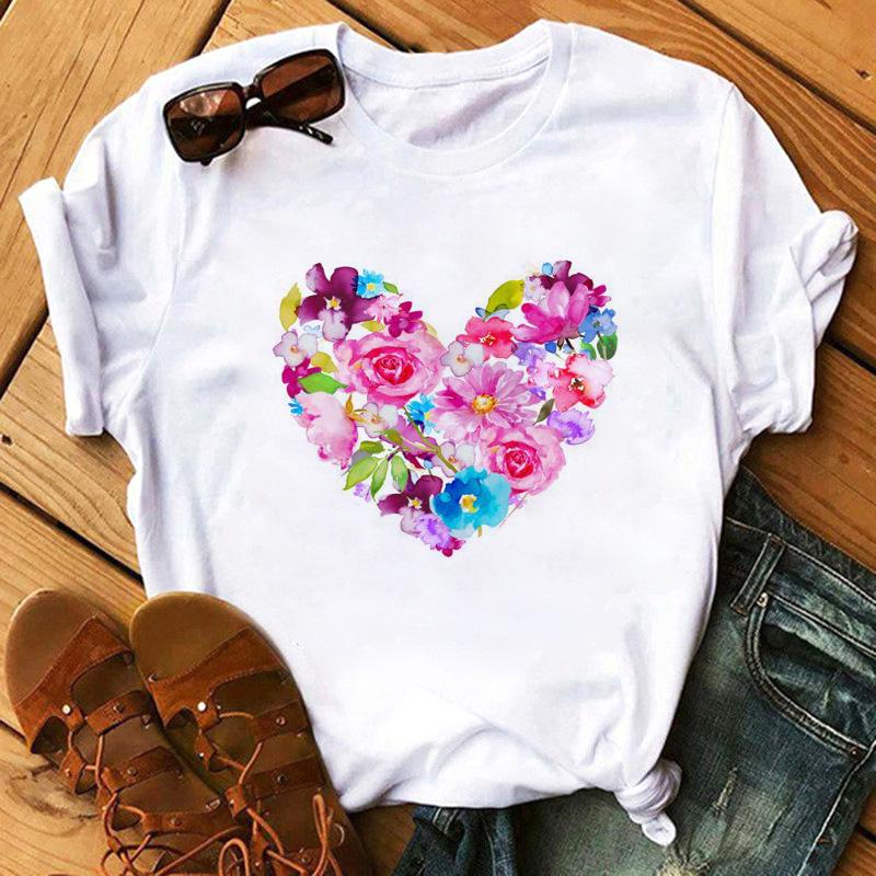 Love Flower Half Sleeve Cartoon White Letter Tshirt Women Wholesale Round Neck Tshirt Women Oversized T Shirt