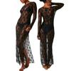 Women 's See-Through Lace Dress, Long Sleeve Round Neck Slit Hem Dress Chemise Beach Vacation Party Wear