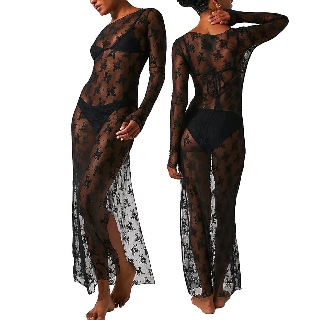 Women 's See-Through Lace Dress, Long Sleeve Round Neck Slit Hem Dress Chemise Beach Vacation Party Wear