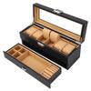 Watch Box 6 Slot 2 Layer Black Carbon Fiber PU Leather Watch and Jewelry Storage Organizer with