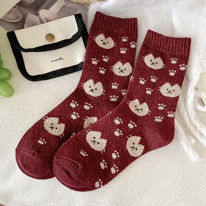 Kitten Paw Wool Socks Children'S Tube Socks Season Internet Celebrity Explosion Cute Cartoon Fleece Thickened Thermal Stockings