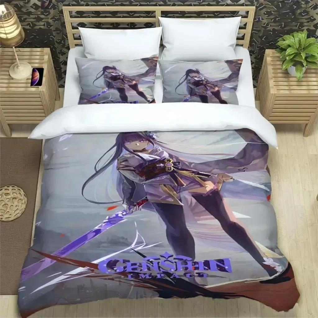 Комплект постельного белья Genshin Impact Print из трех предметов Модные изделия для мальчиков или взрослых для кроватей Пододеяльники Наволочки Комплект постельного белья