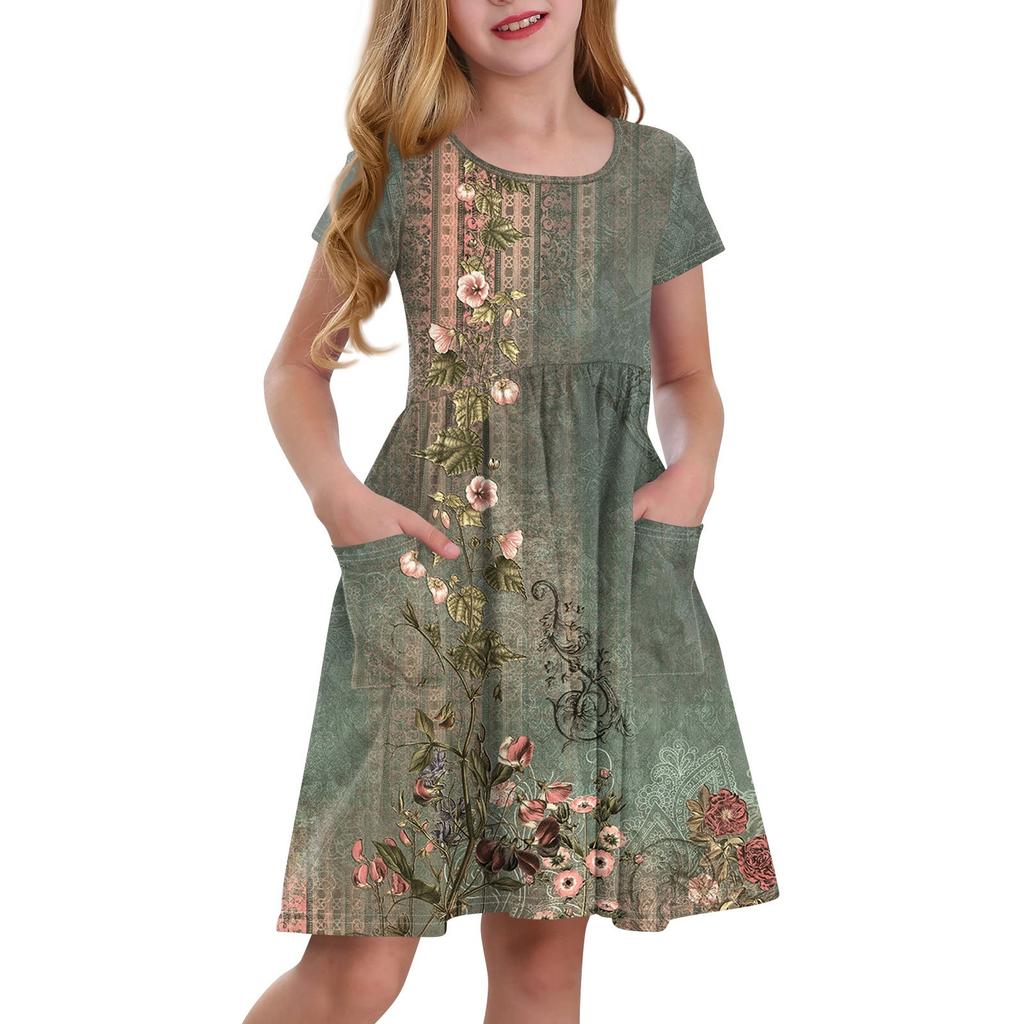 Children's Skirt Round Neck Short Sleeve Princess Dress Fashion Casual Pocket Dress For Girls