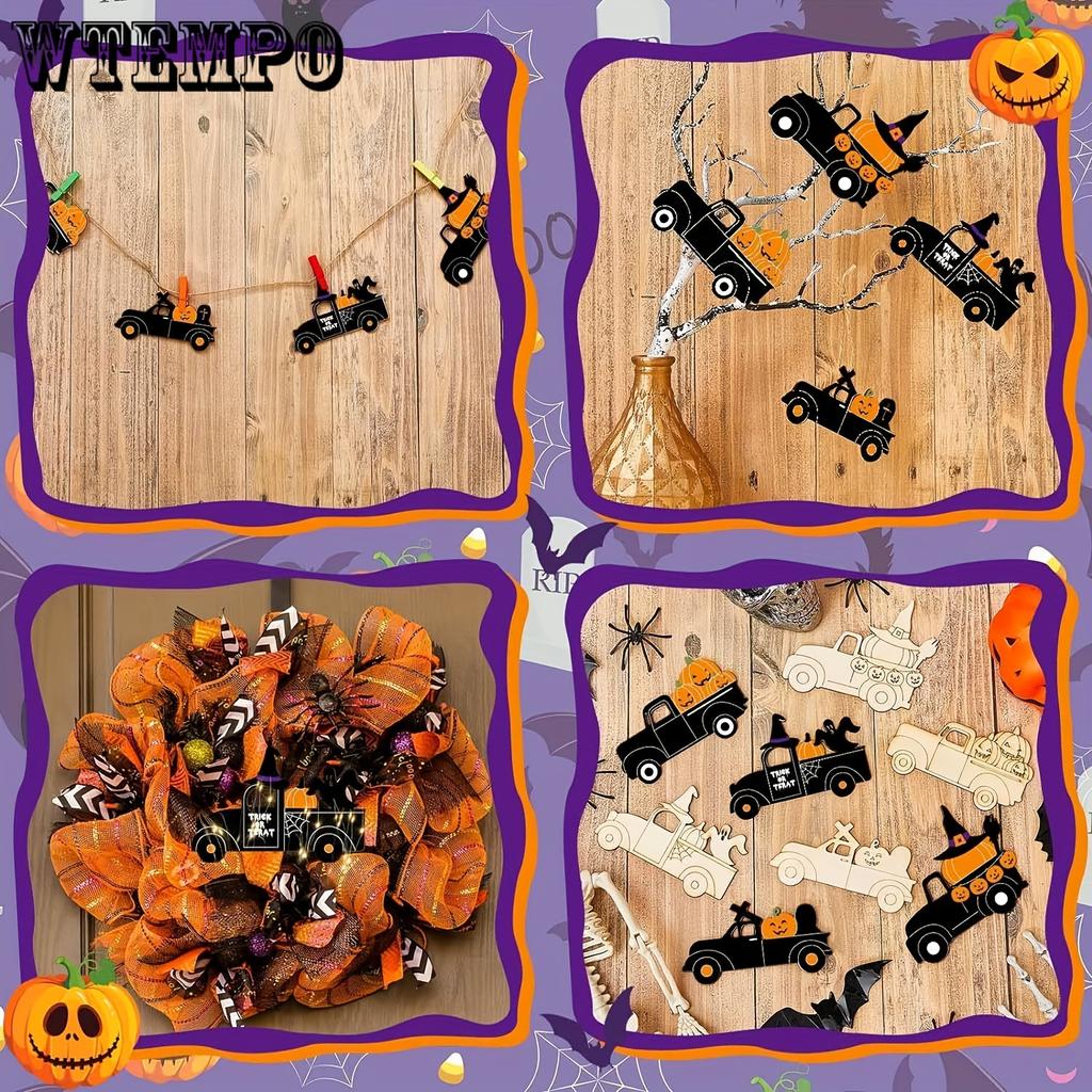 32pcs Halloween Wooden Craft Set - Unpainted Pumpkin & Truck Cutouts for DIY Art, Carved Tags & Hanging Decorations
