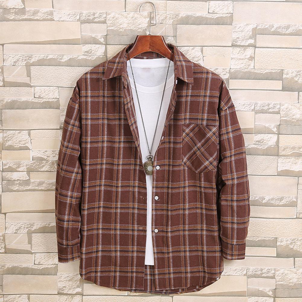 Мужская весенне-осенняя блузка с отложным воротником, однобортная, в клетку, с длинным рукавом, удобный крой, японский стиль, кардиган, официальный, деловой