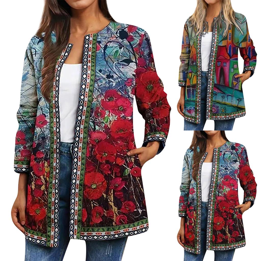 Fashion Ladies Vintage Ethnic Print Long Sleeve Jacket Jacket Cardigan Top