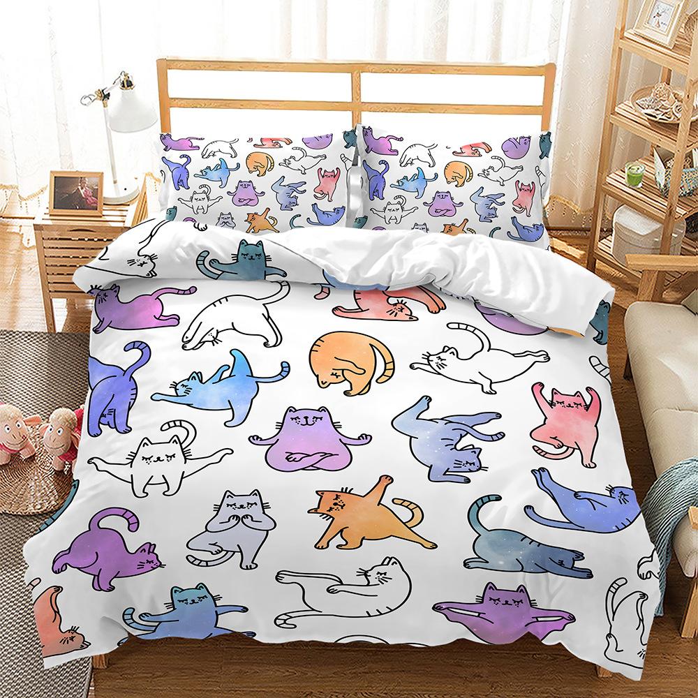 Cute Cartoon Cat Bedding Set Soft Microfiber Bed Linen With Pillowcases Queen King Single Size Animals 135X200Cm Duvet Cover Set