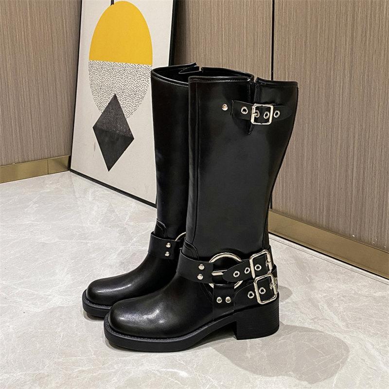 Fashion Thick Sole Leather Western Boots Women 2024 Vintage Fashion Buckle Design Knee High Knight Boots Woman Medium Heel Cavalry Boots