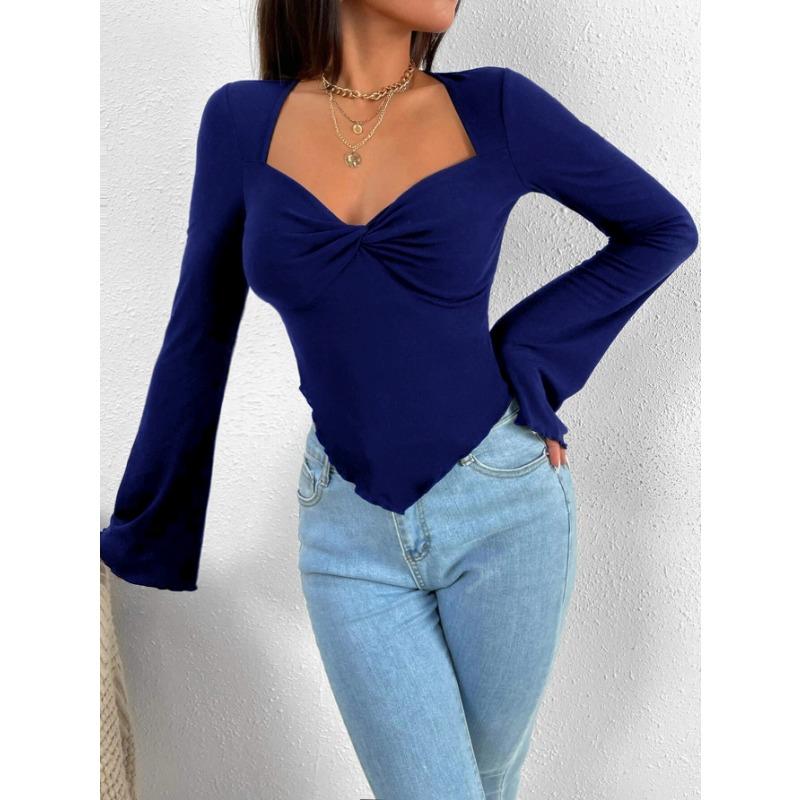 DAFIFY Женские модные повседневные весенне-осенние однотонные блузки и рубашки с v-образным вырезом и длинным рукавом с принтом