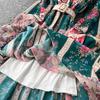 Spring Summer Women V-neck Vintage Print Chiffon Runway Dress Single Breasted Long Maxi Loose Holiday Beach Dresses with Belt