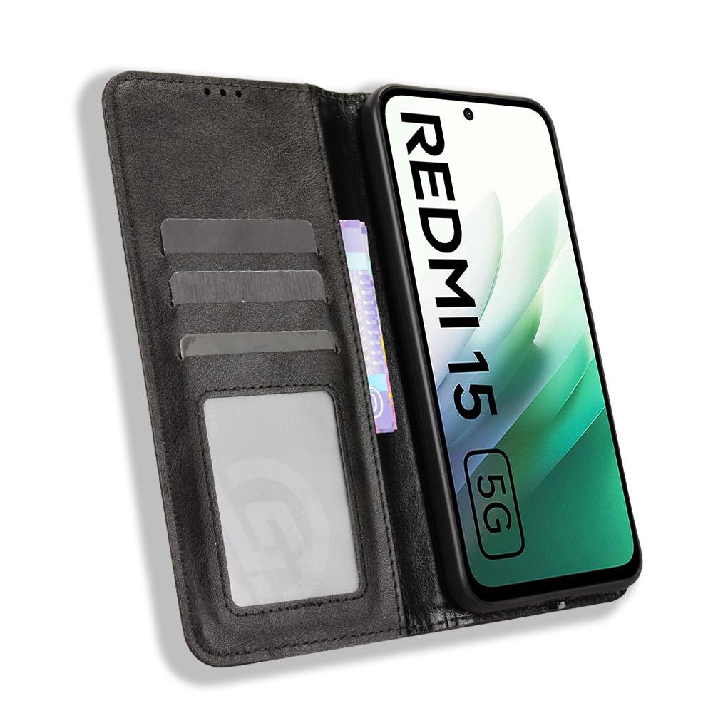 Для Xiaomi Redmi 15 5G (Глобальный) (169 мм) Кожаный чехол-кошелек с подставкой, ретро-текстурированный чехол для телефона