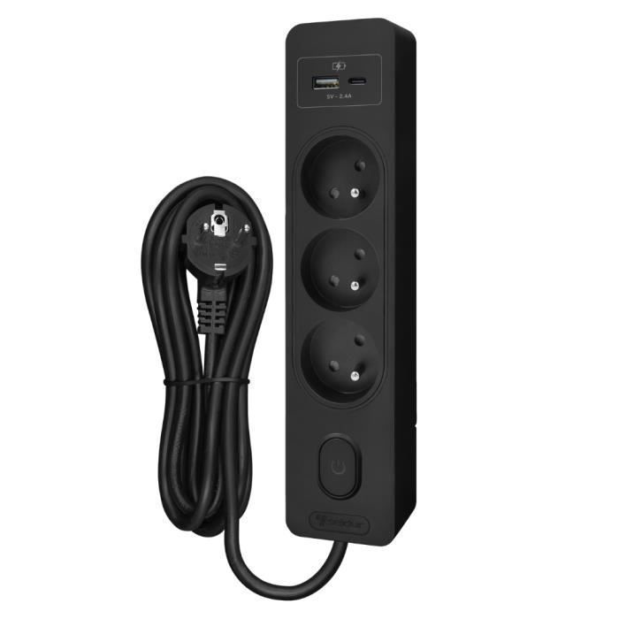 Multiprise SELDUR G3FU32S, 3 prises type E + interrupteur, USB A+C charge standard 12W, Noir, câble 3m