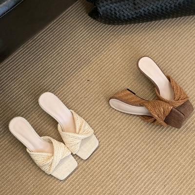 Винтажные плетеные женские шлепанцы, женские уличные туфли на танкетке, летние туфли-слайды с квадратным носком