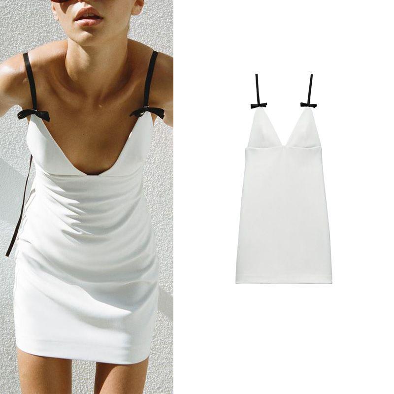 Spring New Sweet First Date Wind V Neck Camisole Silm Bowknot Decoration Short Dress 2180378