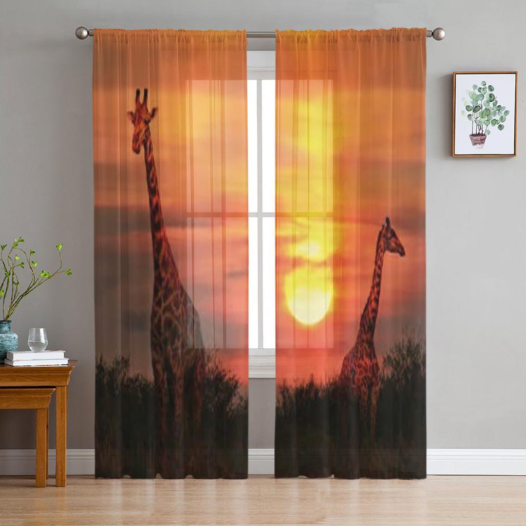 Wild Giraffes In The Savannah At Sunset Sheer Curtains for Living Room Tulle Window Curtain Bedroom Kitchen Veil Drapes