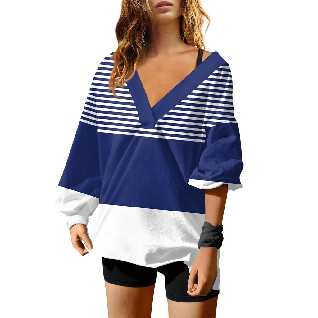 Женская мода полосатый принт V-образный вырез длинный рукав свободный пуловер свитшот топ