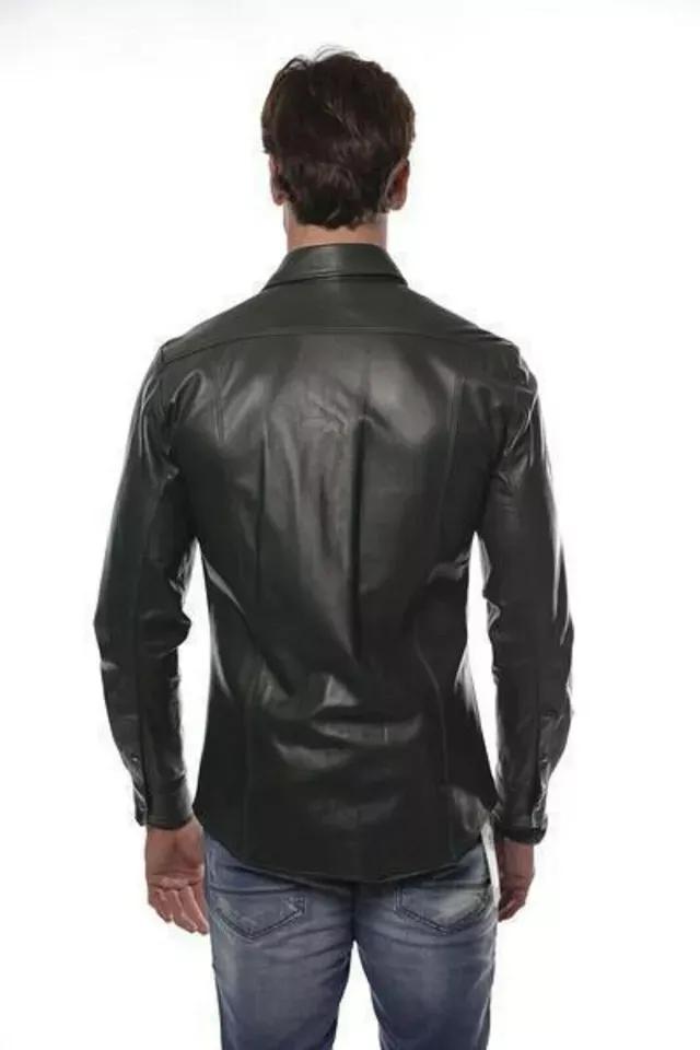 Мужская рубашка из натуральной кожи ягненка, стильная, черная, ручная работа, модная, повседневная