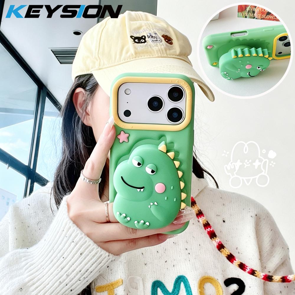 KEYSION Милый мультяшный 3D Забавный Динозавр Чехол для Телефона для iPhone 13 14 15 16 17 Pro Max Мягкий Силикон Подставка Ударопрочный Чехол
