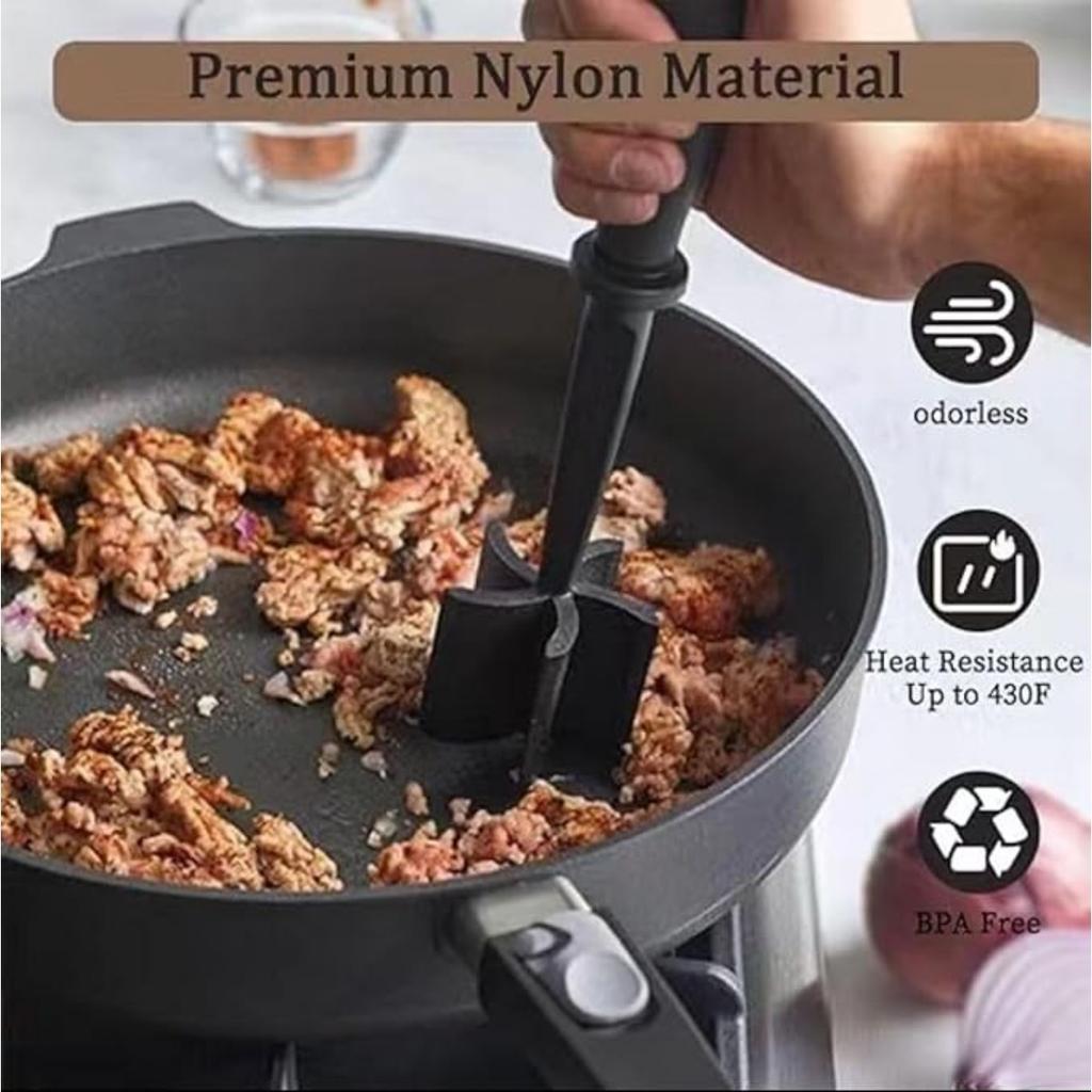 Premium Professional Heat Resistant 5 Curve Blades Nylon Tool Utensil Chopper Masher for Meat Potato Ground Beef Turkey Meat Non-Stick Cookware Safe