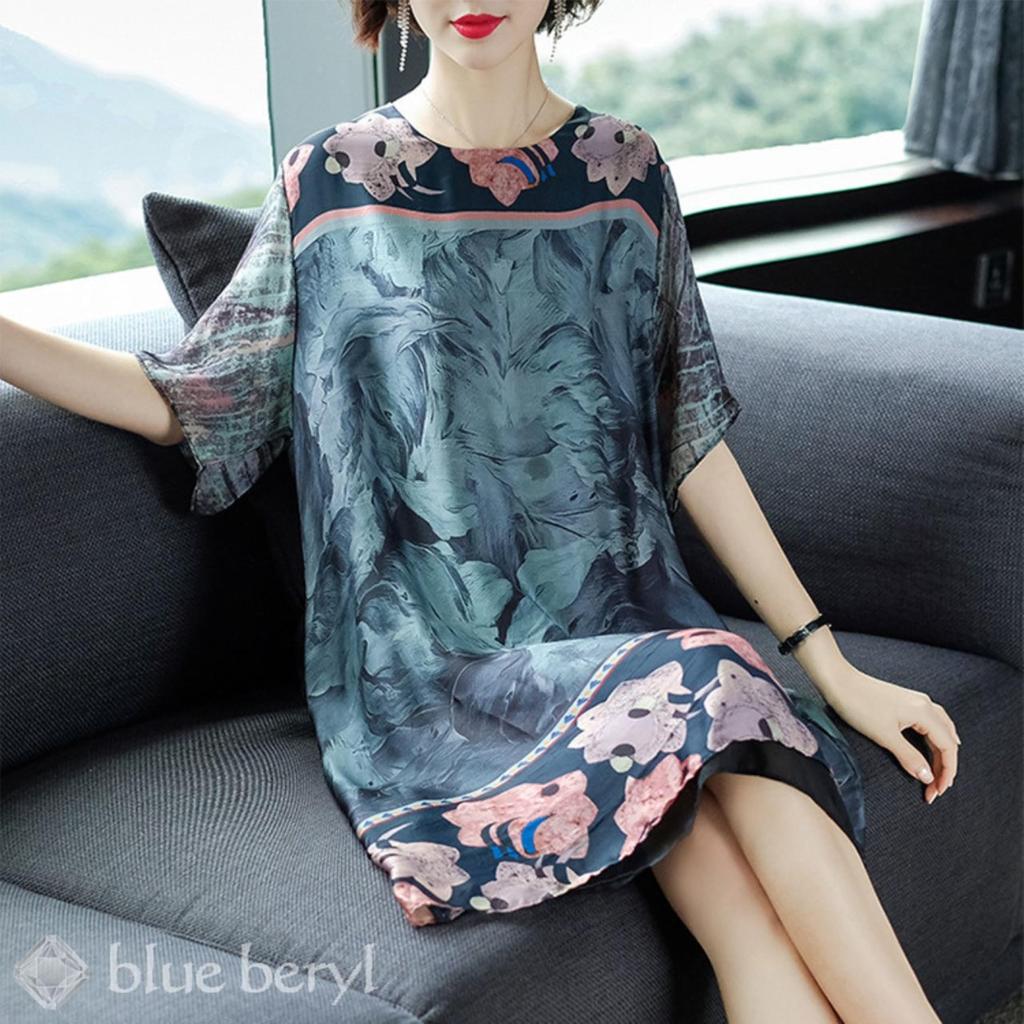 Botanical Chiffon Delicate Machine Sleeve Big Mom Loose Neat Design Women's Dress, A-line, Knee-length, Pattern, Chiffon, 5/8 Sleeves, Lined,