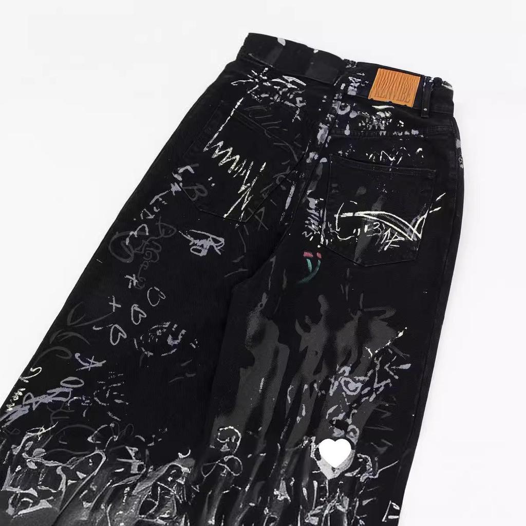 Unisex American Graffiti Print Wide-Leg Jeans - Niche Fashion