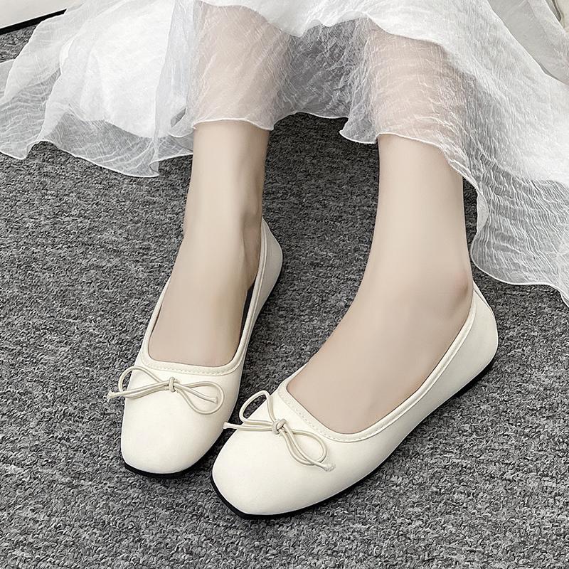 2024 Новые модные однотонные туфли с квадратным носком на плоской подошве для женщин с бантом и неглубоким носком, простые повседневные туфли на плоской подошве для женщин
