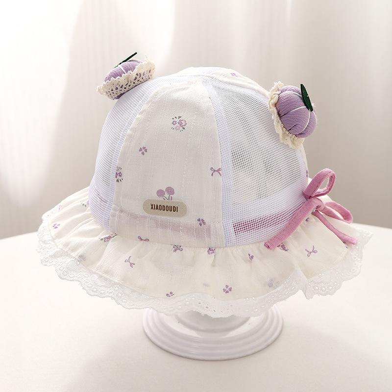 Baby Girl Summer Breathable Mesh Bucket Hat 5-18 Months Lace Trim Pumpkin Decor Sun Protection Cap