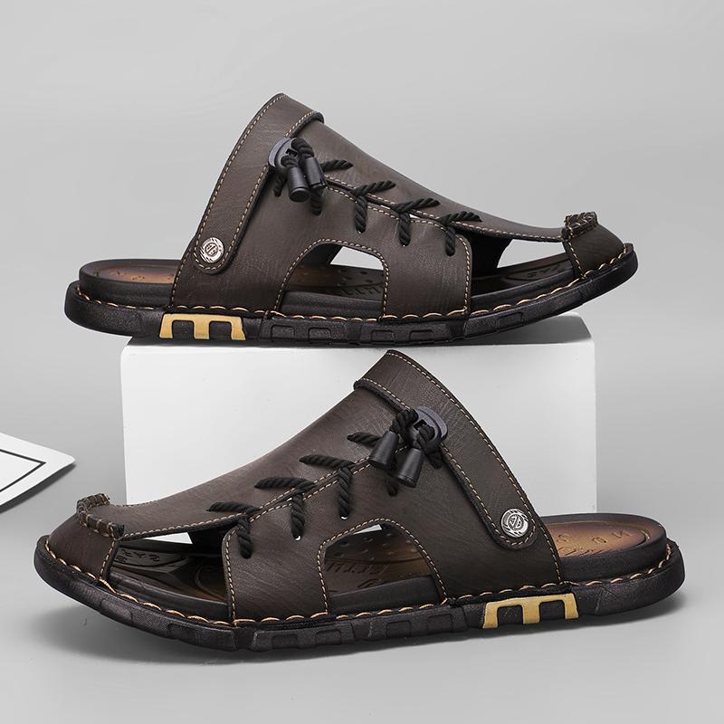 Кожаные мужские пляжные сандалии для воды, летние уличные повседневные спортивные сандалии с закрытым носком, нескользящие мягкие походные забродные кроссовки
