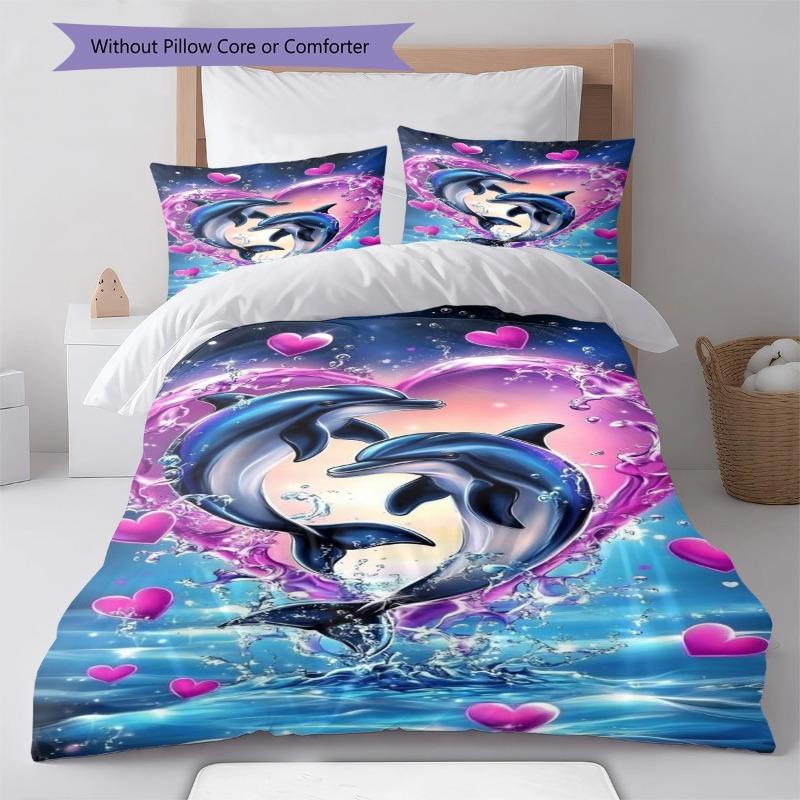 Heart‑shaped Dolphin Pink Love Ocean Print 3‑Pieces Duvet Cover Set Marine Animal Bedding Bedroom Home Decor Without Pillow Core Comforter