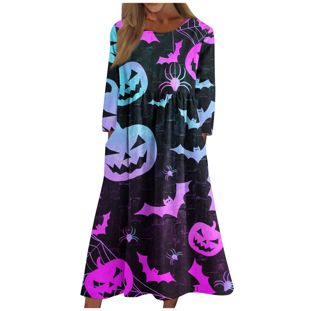 Женское повседневное платье с круглым вырезом и длинными рукавами с принтом на Хэллоуин и карманами
