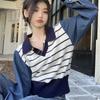 Polo Neck Patchwork Denim Knit Sweater Pullover Female Autumn/winter 2023 Design Sense Niche Contrast Stripe Sweater Top Women