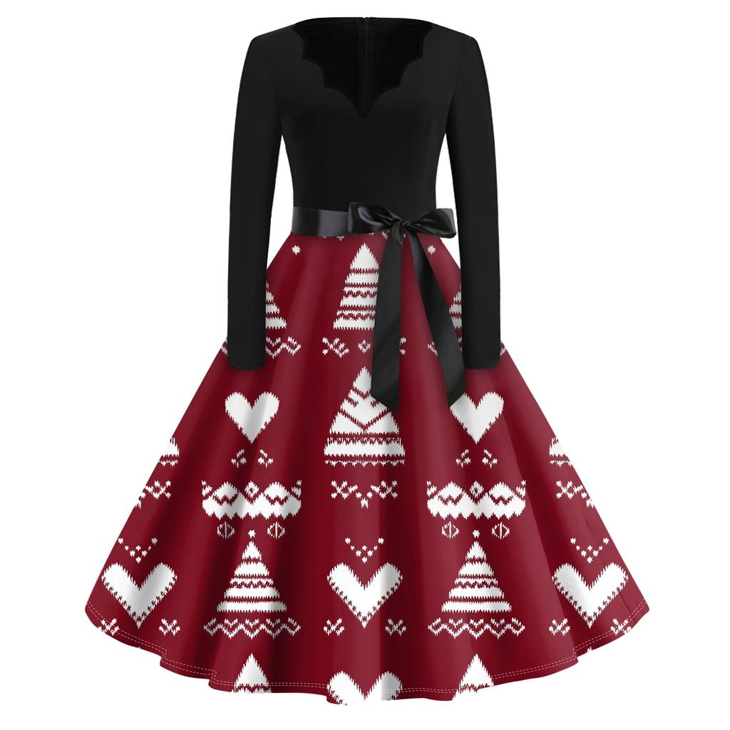 Christmas Print Flare Dress For Women Long Sleeve Dress Hollow Party Casual Dresses