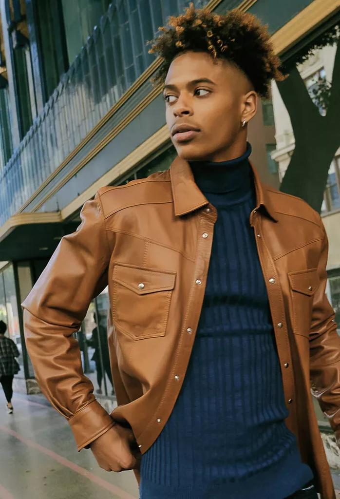 Наппа Натуральная Стильная Повседневная Мужская Рубашка Коричневая Ручной Работы Формальная Кожаная