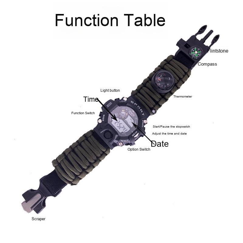 Multifunctional for Paracord Sports Watch Strap Waterproof Outdoor Survival Bracelet Flint Whistle Compass Portable